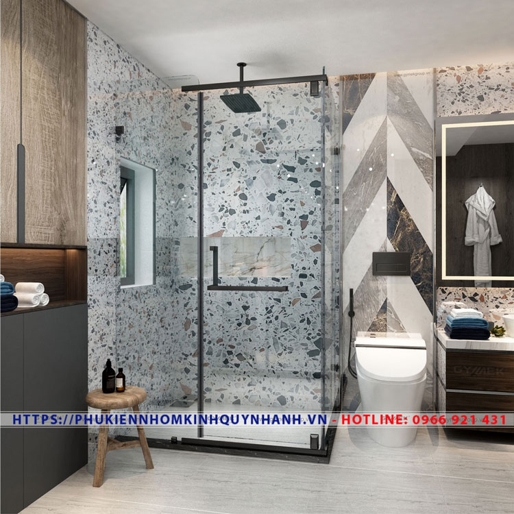 Đặc điểm của bộ phụ kiện phòng tắm kính GYMEK 90 độ K-K hệ trục xoay 1 Bộ phụ kiện Gymek phòng tắm kính 90 độ K-K hệ bản lề trục xoay màu đen