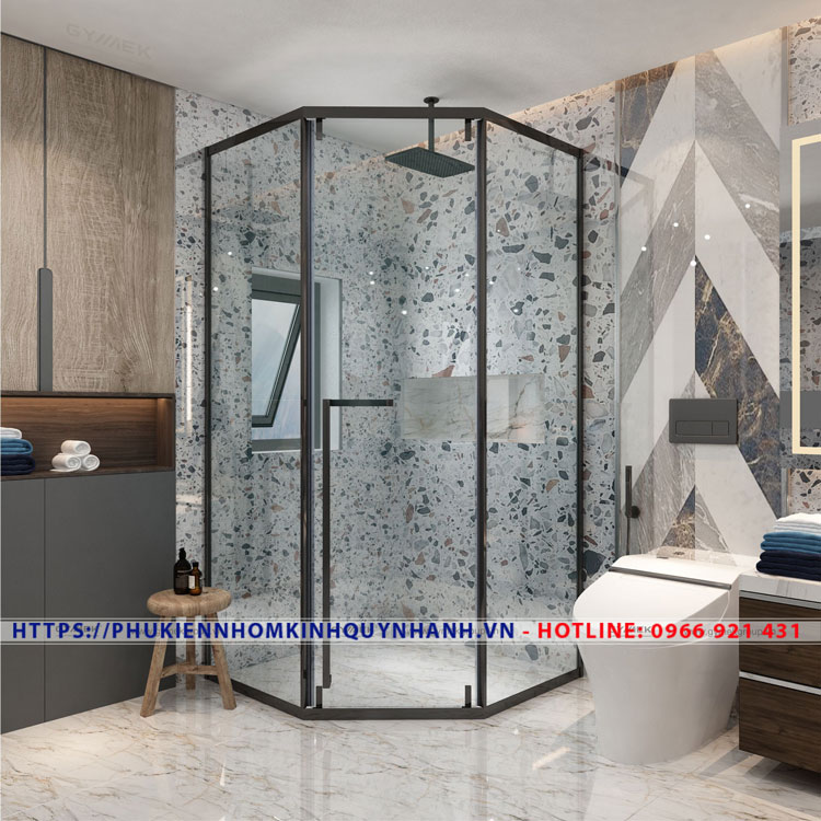 Bộ phụ kiện Gymek phòng tắm kính 135 độ cửa lùa có đặc điểm gì? 1 Phụ kiện phòng tắm kính Gymek 135 độ cửa lùa màu đen mờ