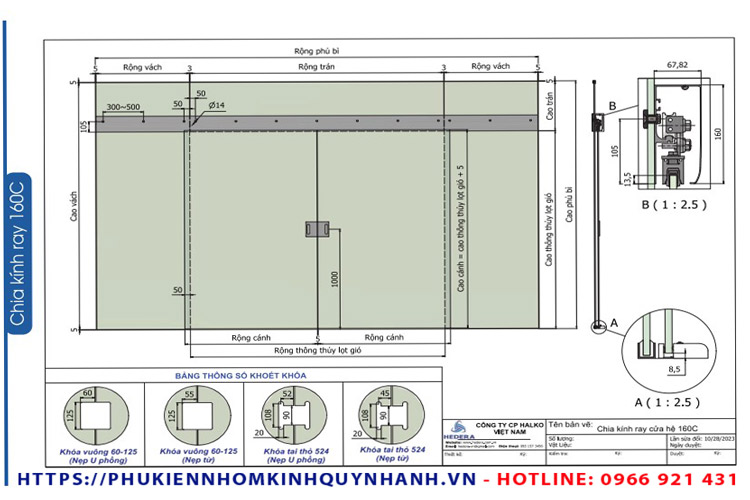 Thông số sản phẩm ray treo cửa lùa bán tự động hệ 160 Hedera 2 Chia kính ray bán tự động sử dụng con trượt 160C